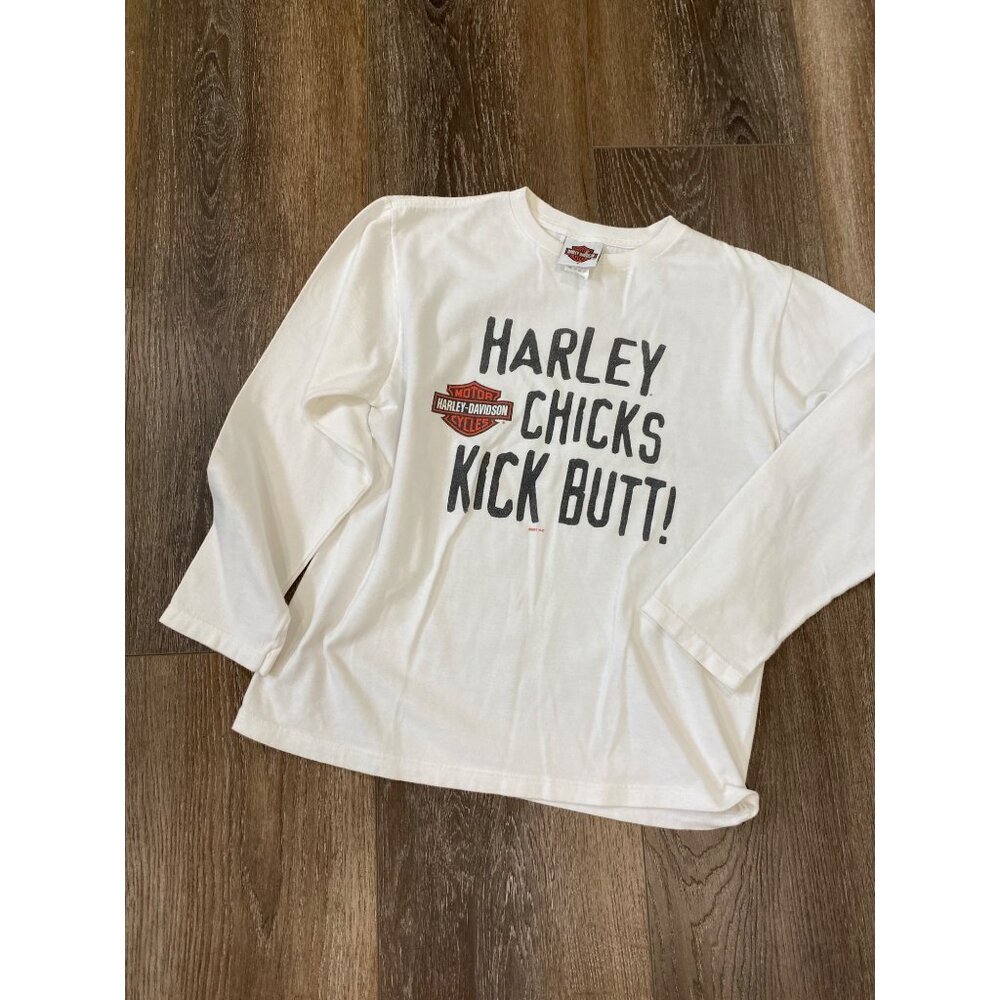 Harley-Davidson Womens Long-Sleeve White Shirt "Harley Chicks Kick Butt!" Small